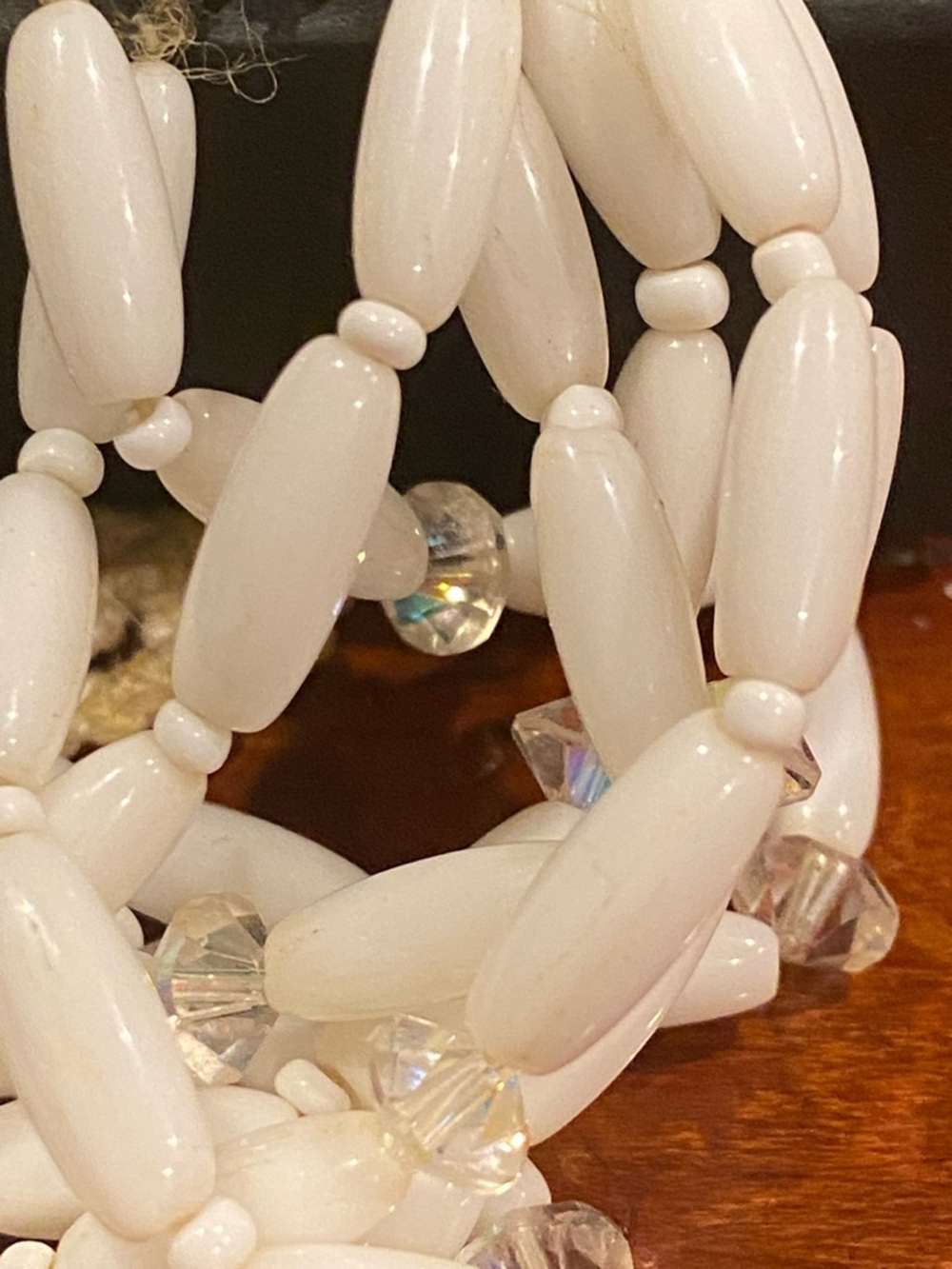 White Milk Glass Multi-Strand Beaded Bracelet with Crystal Accents - Picture 10 of 11